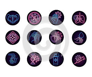 Covid 19 coronavirus pandemic disease respiratory medical icons set neon style icon