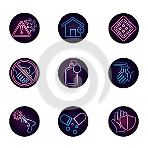 Covid 19 coronavirus pandemic disease respiratory medical icons set neon style icon