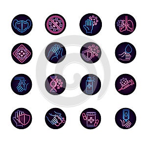 Covid 19 coronavirus pandemic disease respiratory medical icons set neon style icon