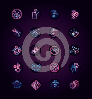 Covid 19 coronavirus pandemic disease respiratory medical icons set neon style icon