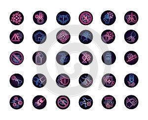 Covid 19 coronavirus pandemic disease respiratory medical icons set neon style icon