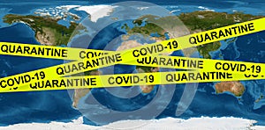 COVID-19 coronavirus pandemic and quarantine concept, caution tape on Earth map. World economy hits by corona virus outbreak