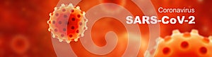 COVID-19 coronavirus panoramic banner, 3d illustration. Microscopic view of SARS-CoV-2 corona virus in blood