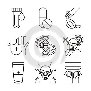 Covid 19 coronavirus prevention, spread outbreak pandemic line style icons set