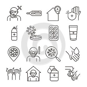 Covid 19 coronavirus prevention, spread outbreak pandemic line style icons set