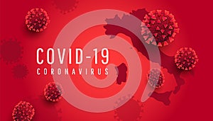 Covid-19 coronavirus quarantine horizontal banner with 3d virus infected cells and globe Italy map on red background