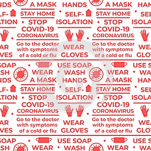 COVID-19 Coronavirus rules. Seamless vector pattern with text and symbol. Wear gloves, wear a mask, wash your hands, use