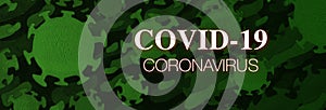 Covid-19 coronavirus text with droplet virus illustration airborne over green flulid background .danger disease cause for illness