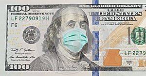 COVID-19 coronavirus in USA, 100 dollar money bill with face mask. Coronavirus affects global stock market. World economy hit by