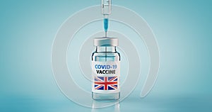 COVID-19 Coronavirus Vaccine and Syringe with flag of United Kingdom