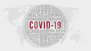 COVID 19 or Coronavirus word cloud with red COVID-19 words and grey word tag on world map background.  Abstract concept 2020 Coron