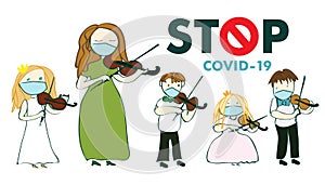 Covid 19, coronovirus, teacher and young children violinists play the violin on a white background, vector, illustration, music