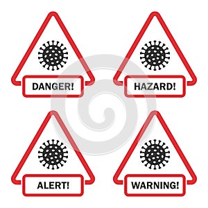 Covid-19 danger, hazard, alert, warning signs in a flat design