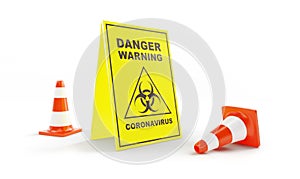COVID-19 , dangerous coronavirus warning sign on a white background 3D illustration, 3D rendering
