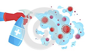 Covid 19 disinfection. Sanitizer spray, sprayed disinfectant kills bacteria and virus. Coronavirus protection concept