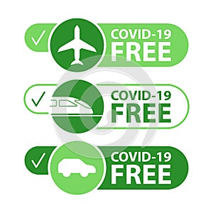 Covid-19 free tourism stickers set. Safe travel concept.