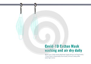 Covid-19 green cotton mask washing and air dry daily vector isolated on white background