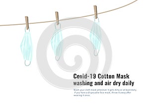 Covid-19 green medical mask washing and air dry daily vector isolated on white background ep24