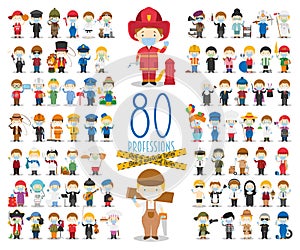 Covid 19 Health Emergency Special Edition: Set of 80 different professions with surgical masks and latex gloves in cartoon style