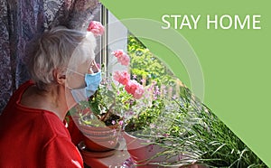 The Covid-19, health, safety and pandemic concept - senior old lonely woman near the window