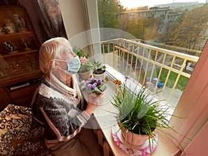 The Covid-19, health, safety and pandemic concept - senior old lonely woman sitting near the window