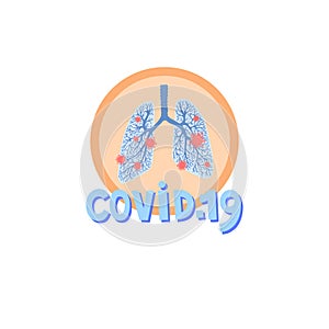 Covid-19 icon - human lungs affected by the virus and hand lettering inscription,