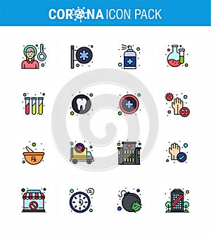 Covid-19 icon set for infographic 16 Flat Color Filled Line pack such as experiment, lab, pharmacy, chemical, handcare