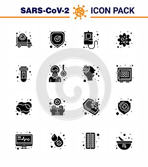 Covid-19 icon set for infographic 16 Solid Glyph Black pack such as test, virus, shield, patogen, infection