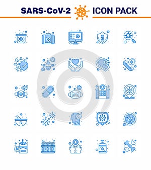Covid-19 icon set for infographic 25 Blue pack such as bacteria, interfac, flu, glass, bottle