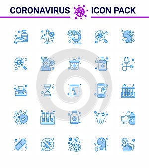 Covid-19 icon set for infographic 25 Blue pack such as cough, virus, airoplan, search, virus