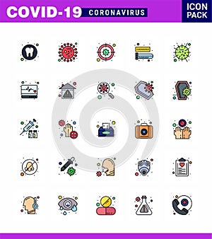 Covid-19 icon set for infographic 25 Flat Color Filled Line pack such as flu, test tube, bacteria, blood test, virus