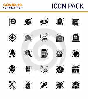 Covid-19 icon set for infographic 25 Solid Glyph pack such as medical, medicine, eye care, report, healthcare