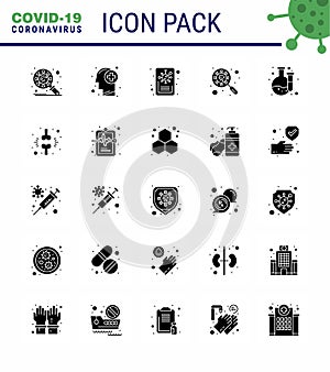 Covid-19 icon set for infographic 25 Solid Glyph pack such as virus, interfac, human, glass, scan virus