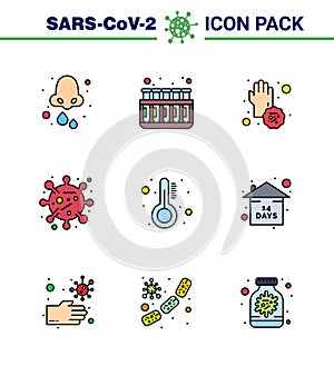 Covid-19 icon set for infographic 9 Filled Line Flat Color pack such as corona virus, bug, lab, bacteria, disease