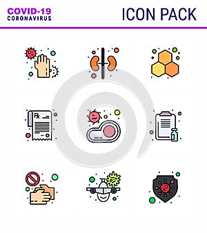 Covid-19 icon set for infographic 9 Filled Line Flat Color pack such as meat, bacteria, chemistry, rx, pharmacy