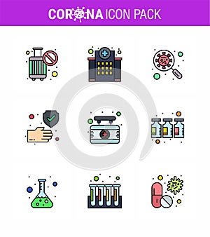 Covid-19 icon set for infographic 9 Filled Line Flat Color pack such as protection, clean, nursing, virus, interfac