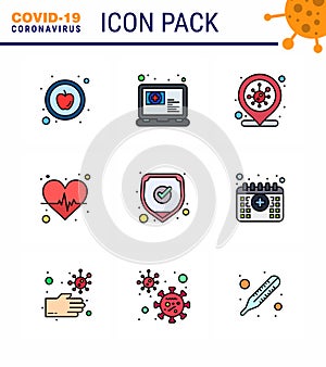 Covid-19 icon set for infographic 9 Filled Line Flat Color pack such as safety, medical, coronavirus, heart care, heart