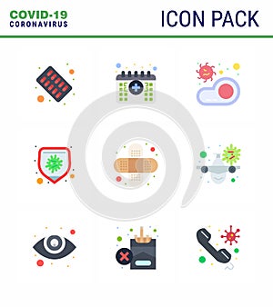 Covid-19 icon set for infographic 9 Flat Color pack such as aid, disease, bacteria, bacteria, virus