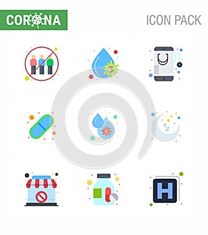 Covid-19 icon set for infographic 9 Flat Color pack such as pills, medical, platelets, capsule, mobile