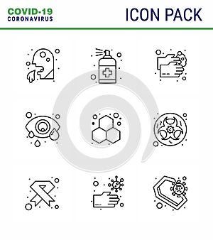 Covid-19 icon set for infographic 9 Line pack such as  eye infection, conjunctivitis, handcare, water, wash