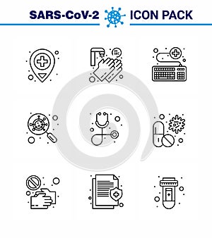 Covid-19 icon set for infographic 9 Line pack such as  healthcare, magnifying, keyboard, interfac, devirus