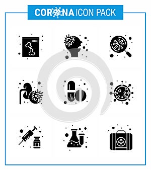 Covid-19 icon set for infographic 9 Solid Glyph Black pack such as tablets, medicine, search, virus, epidemic