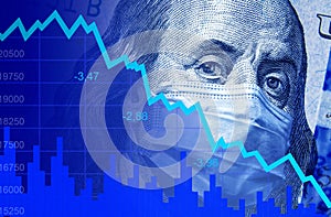 COVID-19 impacts to business, dollar money and graph of stock market crash during coronavirus pandemic. World economy hits by