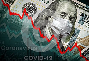 COVID-19 impacts to business: dollar money, mask and graph of stock market recession during coronavirus pandemic