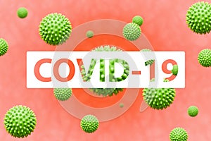 Covid-19 inscription on coronavirus model background. Virus strain concept banner