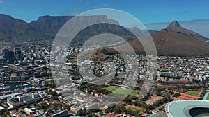 Covid-19 Lockdown Empty football stadium Aerial in Cape Town South Africa.