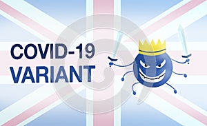 Covid-19 mutation lettering with covid 19 mutation depiction with uk flag on background. 2d flat illustration of cartoon monster