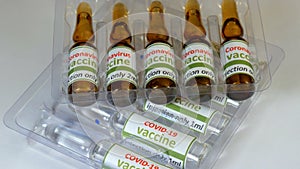 Covid-19 and ncov coronavirus vaccine, tablets and syringe. Laboratory, analyzes a colored liquid to extract the DNA and