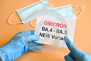 Covid-19 new variants of Omicron. Doctor& x27;s hand in blue glove and writing & x22;Omicron BA.4-BA.5 Variant& x22; on white