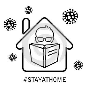 COVID-19 Novel coronavirus 2019-nCoV quarantine and stay at home hashtag. man reading book at home icon. Corona Virus disease 2019